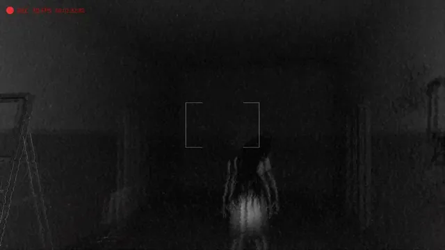 Cursed Apartment screenshot: a pale long-haired ghost crawling in a dark room, framed in a camera's viewfinder