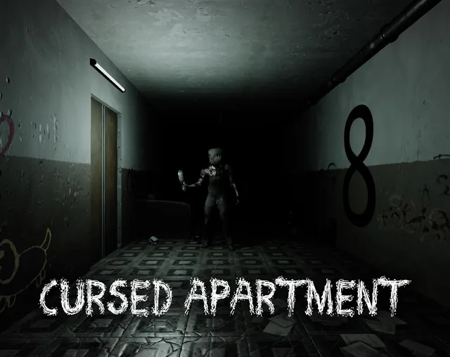 Cursed Apartment cover: a pale monster in a dark tiled corridor marked with a big number 8, above the game's title