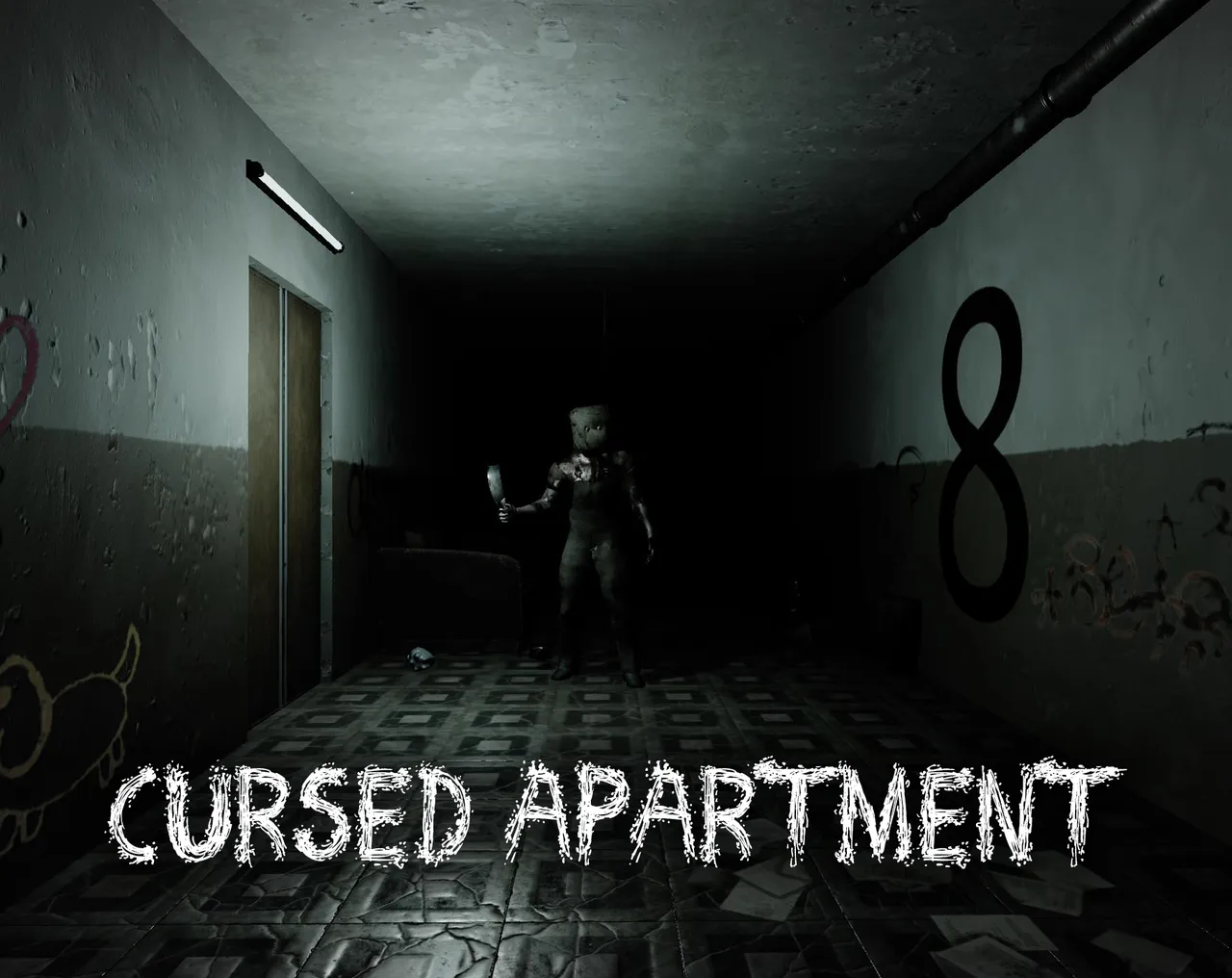 Cursed Apartment cover: a pale monster in a dark tiled corridor marked with a big number 8, above the game's title