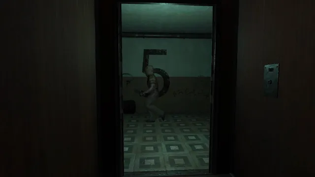 Cursed Apartment screenshot: a hunched figure in a doorway beyond the elevator, in front of a painted floor number 5