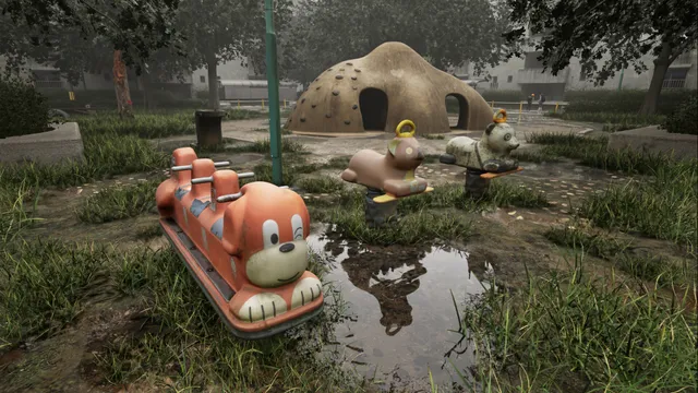 An overgrown playground with animal spring riders, a puddle and a dome climbing frame