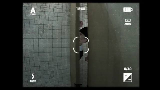 Through the camera's viewfinder, a pale face peeks out from behind a tiled toilet partition