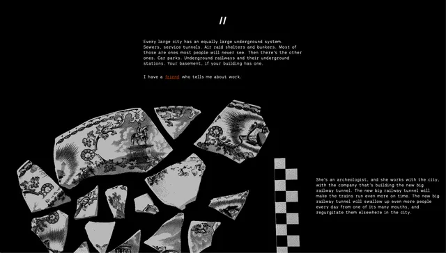 ( C Y C L E ) screenshot: text about a city's underground and a friend who is an archaeologist, beside dithered shards of patterned pottery and a measuring scale