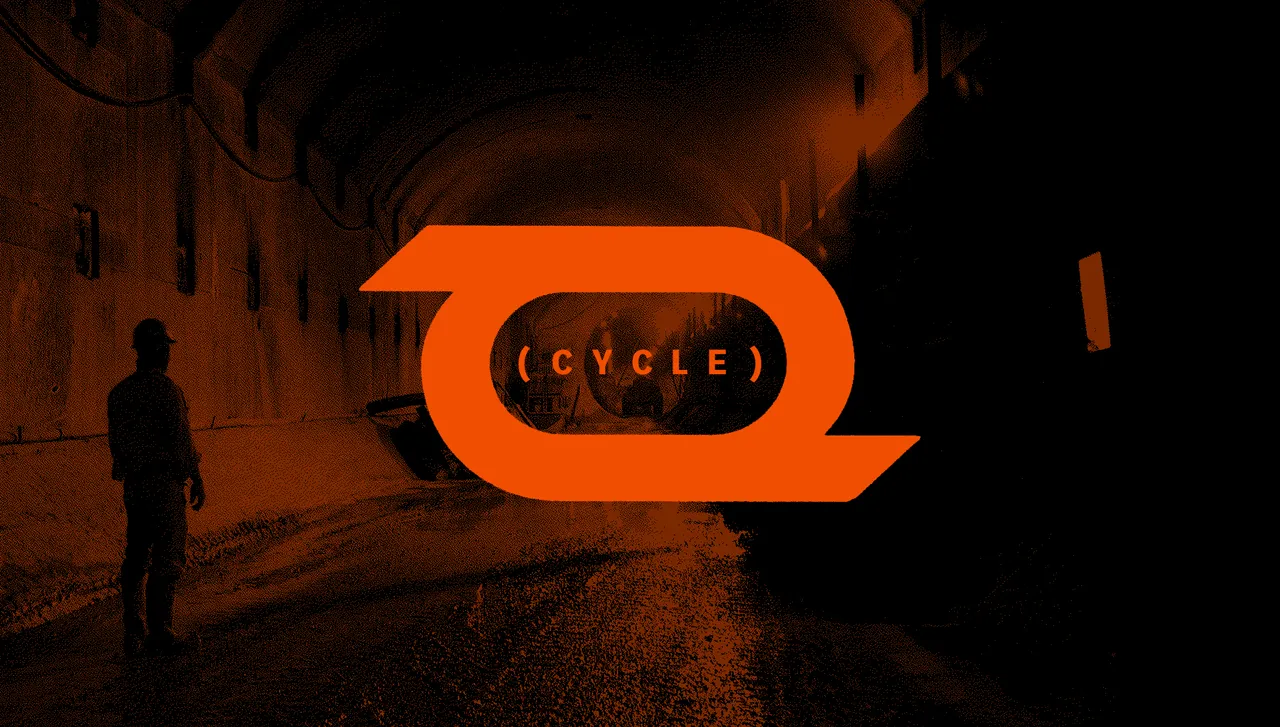 ( C Y C L E ) cover: an orange looped logo over a dithered orange photo of a worker in a hard hat standing in a dark railway tunnel