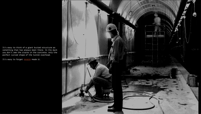 ( C Y C L E ) screenshot: text about forgetting that people made the tunnel, beside a dithered photo of two workers in hard hats in a curved concrete tunnel