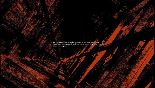 ( C Y C L E ) screenshot: a line about being contracted to go underground and leave something precious there, over a red dithered photo