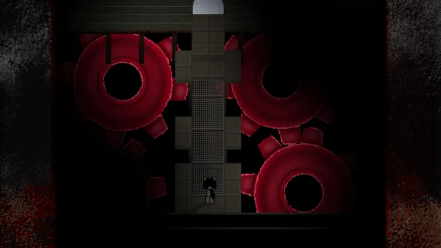 D'LIRIUM screenshot: a small pony walks a stone walkway between huge red gears in the dark