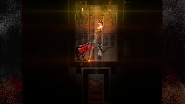D'LIRIUM screenshot: a pony shoots a creature in a dark tiled room spattered with blood, seen from above