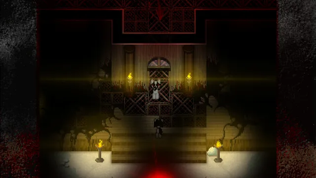D'LIRIUM screenshot: a black-maned pony at the foot of candlelit stairs in a blood-streaked mansion hall, another figure at the top