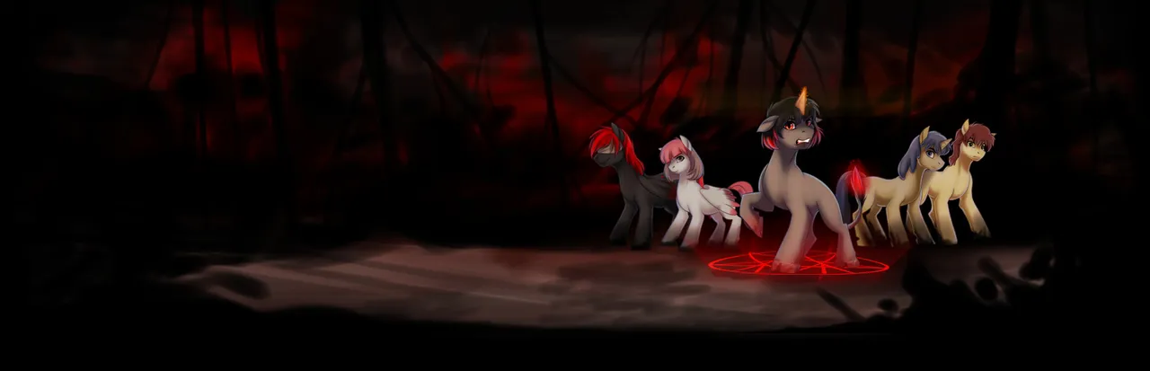 D'LIRIUM key art: five ponies in a dark red forest, a grey unicorn with a glowing horn standing on a red pentagram