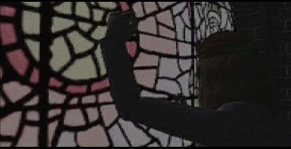 D: The Game screenshot: a dark figure raises an arm in front of a stained-glass window while Laura looks on