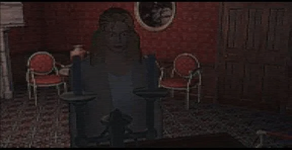 D: The Game screenshot: Laura stands in a red-walled parlour with ornate chairs and a small table