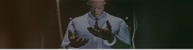 D: The Game art: Dr Richter Harris in a shirt and tie holds up his bloodied hands, in a scan-lined frame from the game