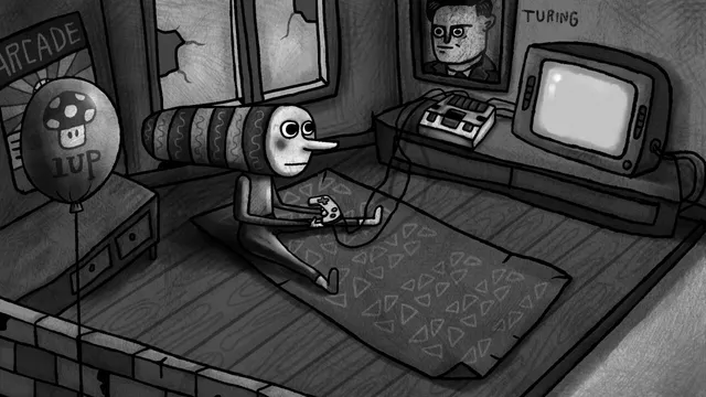 A long-nosed creature in a striped hat playing a video game in front of an old TV, under a portrait labelled Turing
