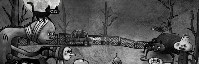 Dad's Monster House key art: hand-drawn black-and-white creatures, a cat and a giant spider outside a fence under a full moon