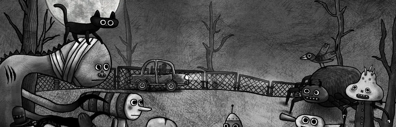 Dad's Monster House key art: hand-drawn black-and-white creatures, a cat and a giant spider outside a fence under a full moon