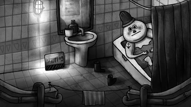 A bathroom where a round-faced creature in a cap sits in the bath beside a Slippery sign