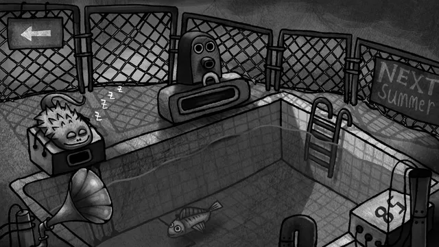 An empty fenced swimming pool with a sleeping spiky creature, a gramophone and a Next Summer sign