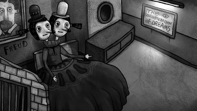A two-headed creature on a bed in a room with a Freud portrait and a sign reading The Interpretation of Dreams