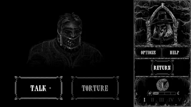 A villager drawn in white lines on black, wearing a scold's bridle, with the choices Talk and Torture