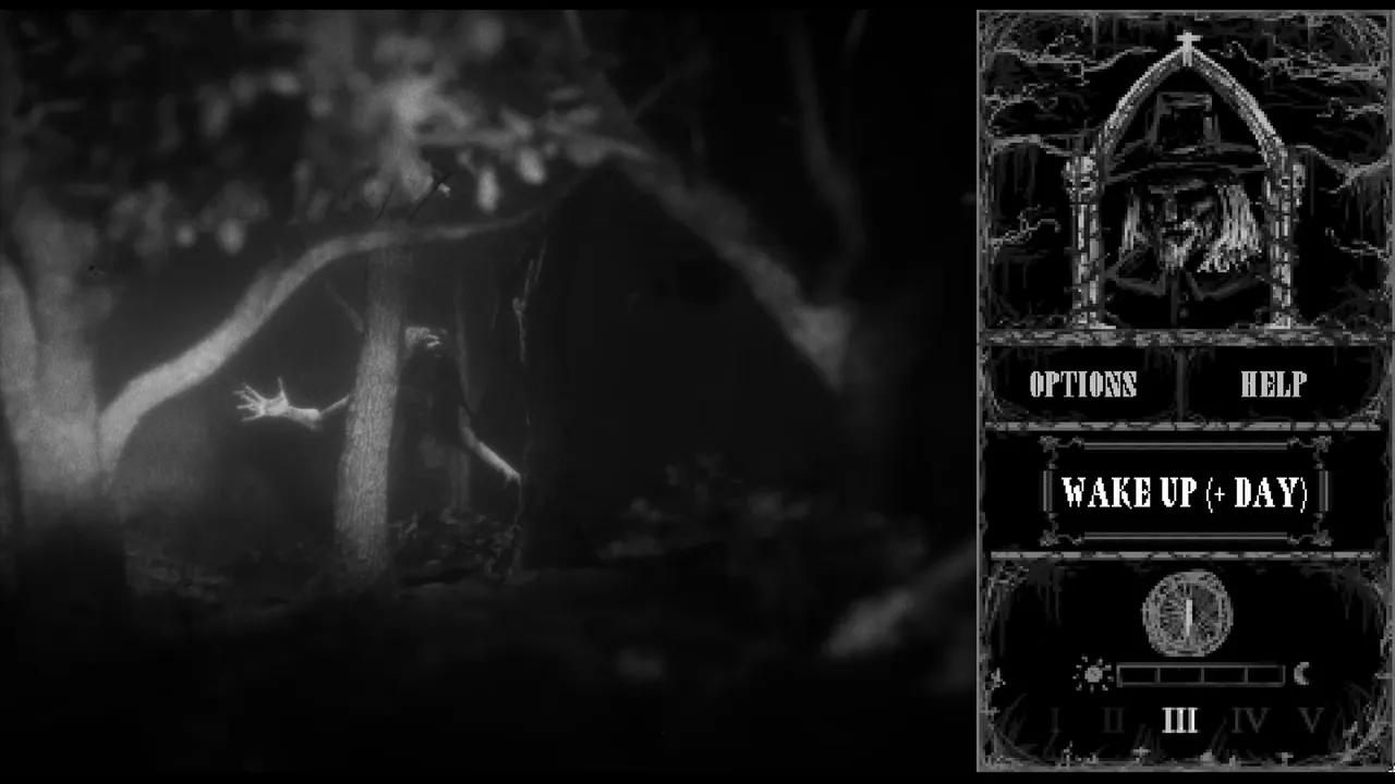 A Daemonologie nightmare: a pale hand reaching from the dark between trees, beside the menu with the Wake Up button