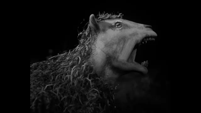 A stop-motion creature covered in curly wool with a long pale face, its jaws gaping