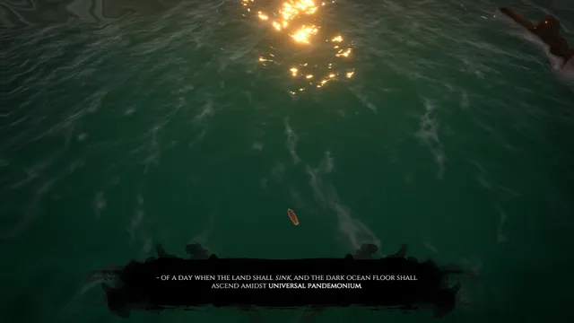 Dagon screenshot: looking down at green sea water lit by the sun, with a tiny boat far below