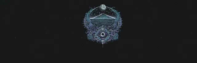 Dagon emblem: an engraved medallion of an island under the moon, ringed by tentacles and a great eye