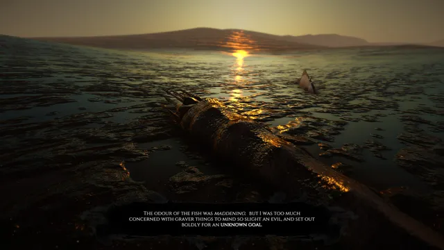 Dagon screenshot: a rotting fish on the black mud plain at sunset, with a caption from the story