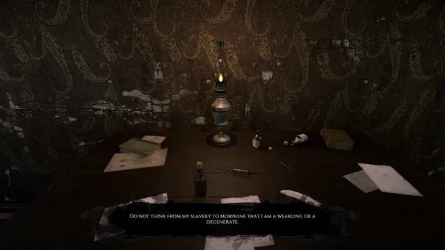 Dagon screenshot: a lamp-lit desk with a syringe, papers and bottles, captioned with the narrator's words about morphine
