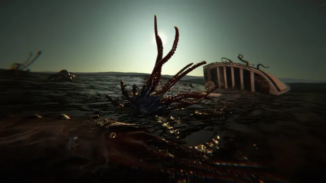 Dagon screenshot: dark tentacles rise from a black, fish-strewn mud flat beside a half-sunken ship hull