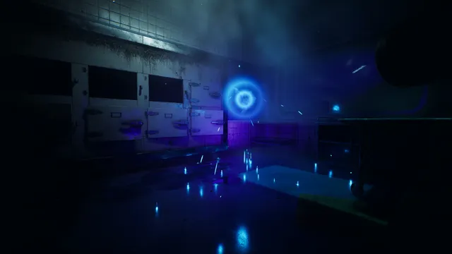 Damned 2 screenshot: a blue glowing orb floating in a dark tiled morgue with body drawers and a gurney