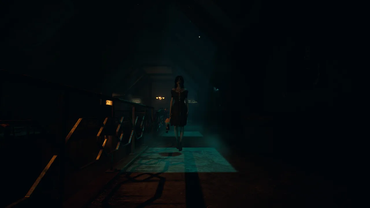 Damned 2 screenshot: a pale girl in a dark dress holding a stuffed toy walks toward you along a gloomy upper walkway