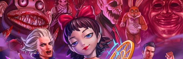 Dark Deception: Monsters & Mortals key art: a girl with a red bow and a racket, surrounded by grinning monsters including a toothy monkey and a rabbit costume