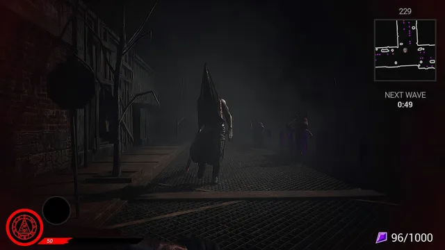 A monster with a pyramid-shaped helmet walking down a foggy street, a shard counter on screen