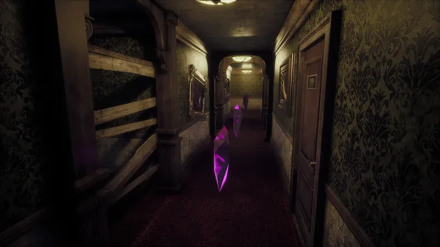 Dark Deception screenshot: purple soul shards hover along a dim, wallpapered hotel corridor