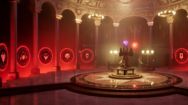 Dark Deception screenshot: a round hall with glowing red seals around a winged statue holding an orb