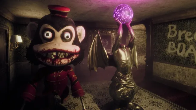 Dark Deception screenshot: a bloody-mouthed monkey bellhop in a hotel hallway beside a statue holding a glowing orb