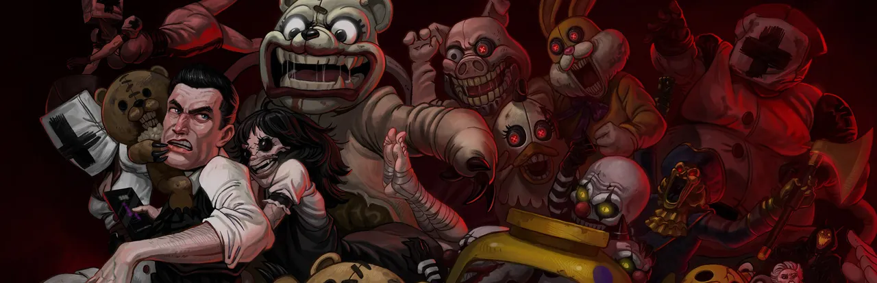 Dark Deception key art: a frightened man and a crowd of grinning monsters, monkeys, dolls and clowns