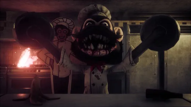 Dark Deception screenshot: a grinning monster chef swings frying pans in a kitchen