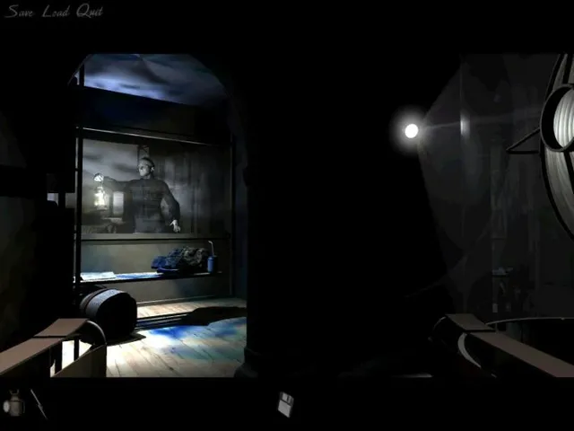 Dark Fall 2: Lights Out screenshot: a pale figure in a keeper's clothes holds up a lantern in a dark bunk room beside the lighthouse lamp