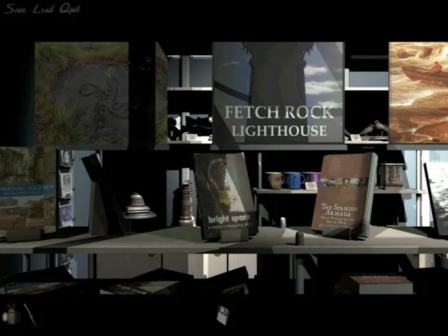 Dark Fall 2: Lights Out screenshot: shelves of guidebooks and souvenirs under a sign reading Fetch Rock Lighthouse