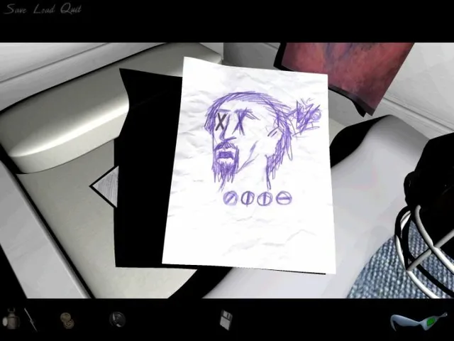 Dark Fall 2: Lights Out screenshot: a crumpled drawing of a bearded face with crossed-out eyes and four symbols below it
