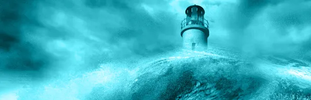 Dark Fall 2: Lights Out key art: a lighthouse on a rock under a stormy teal sky, waves breaking around it