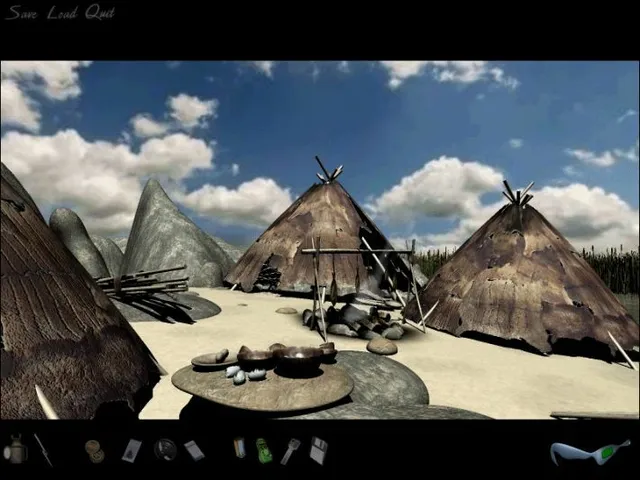 Dark Fall 2: Lights Out screenshot: prehistoric huts of hide and poles around a cold fire on a sunny shore