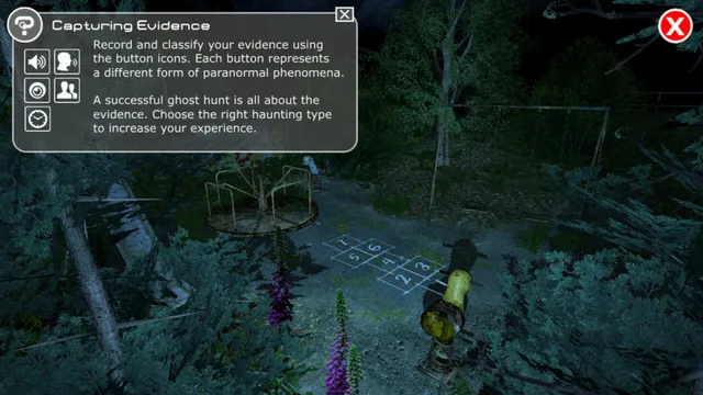 Dark Fall: Ghost Vigil screenshot: an overgrown playground at night with a hopscotch grid, beside a panel on capturing evidence