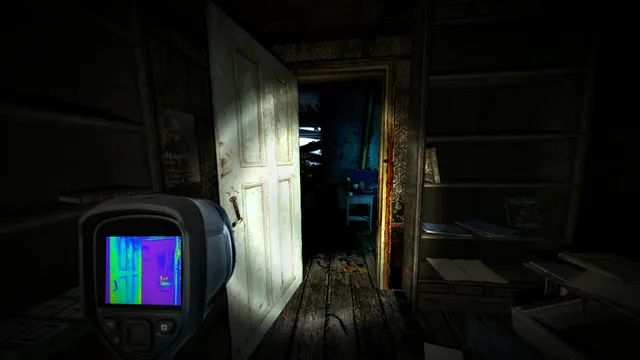 Dark Fall: Ghost Vigil screenshot: a thermal camera held up in a dark room beside an open door into a blue-lit corridor