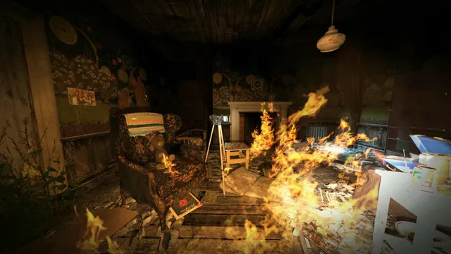 Dark Fall: Ghost Vigil screenshot: flames in a derelict children's room with an armchair, a teddy bear and a camcorder on a tripod