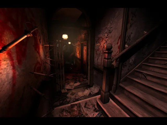 Dark Fall: Lost Souls screenshot: a hotel hallway and staircase with blood smeared on the walls and papers strewn on the floor