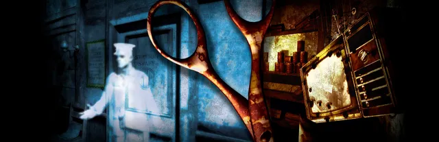 Dark Fall: Lost Souls key art: the pale ghost of a man in a porter's uniform holds out a hand beside a pair of rusted, bloodied scissors and an old television